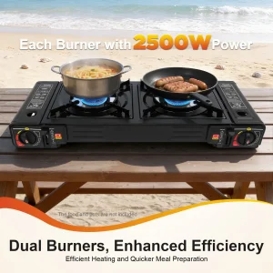 Gas Camping Stove and Grill Pan, 2-Burner Butane
